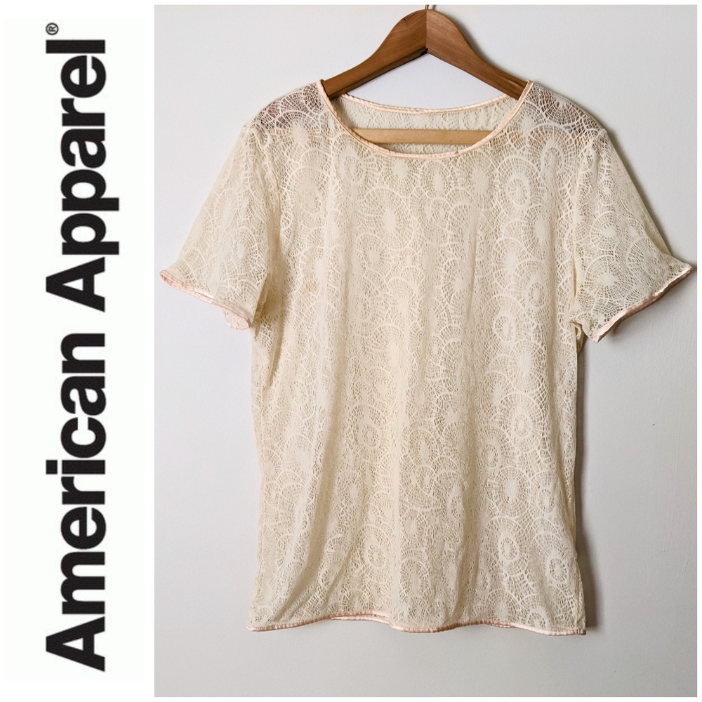 Mesh Lace Tee T-Shirt M/L, American Apparel / short sleeve white cream sheer